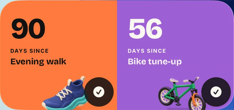 A real Last. medium widget: 90 days since Evening walk, 56 days since Bike tune-up